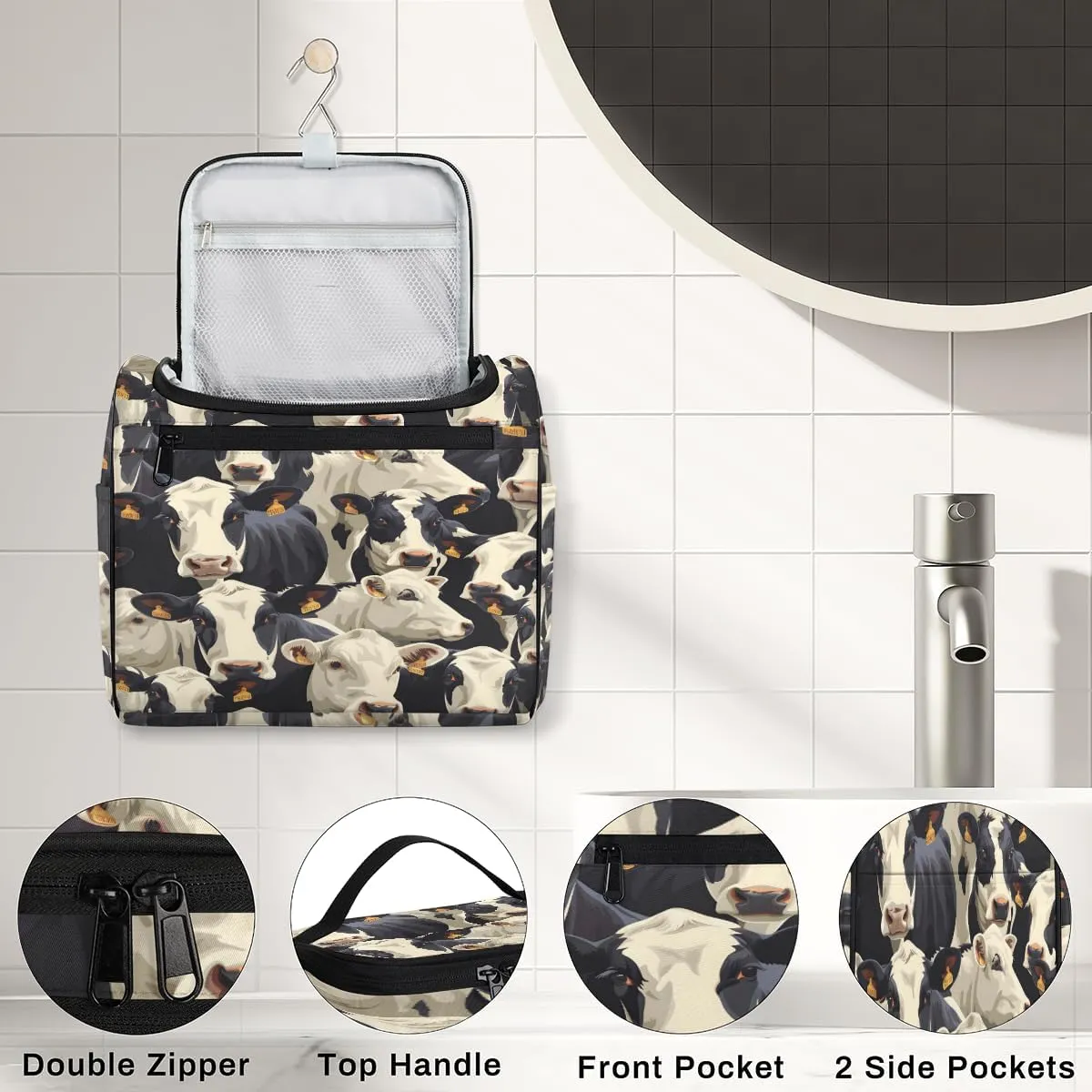 Cute Cow Print Travel Toiletry Bag for Men and Women, Large Hanging Makeup Bag Organizer Toiletries Bag for Travel, Cosmetic Bag with Handle