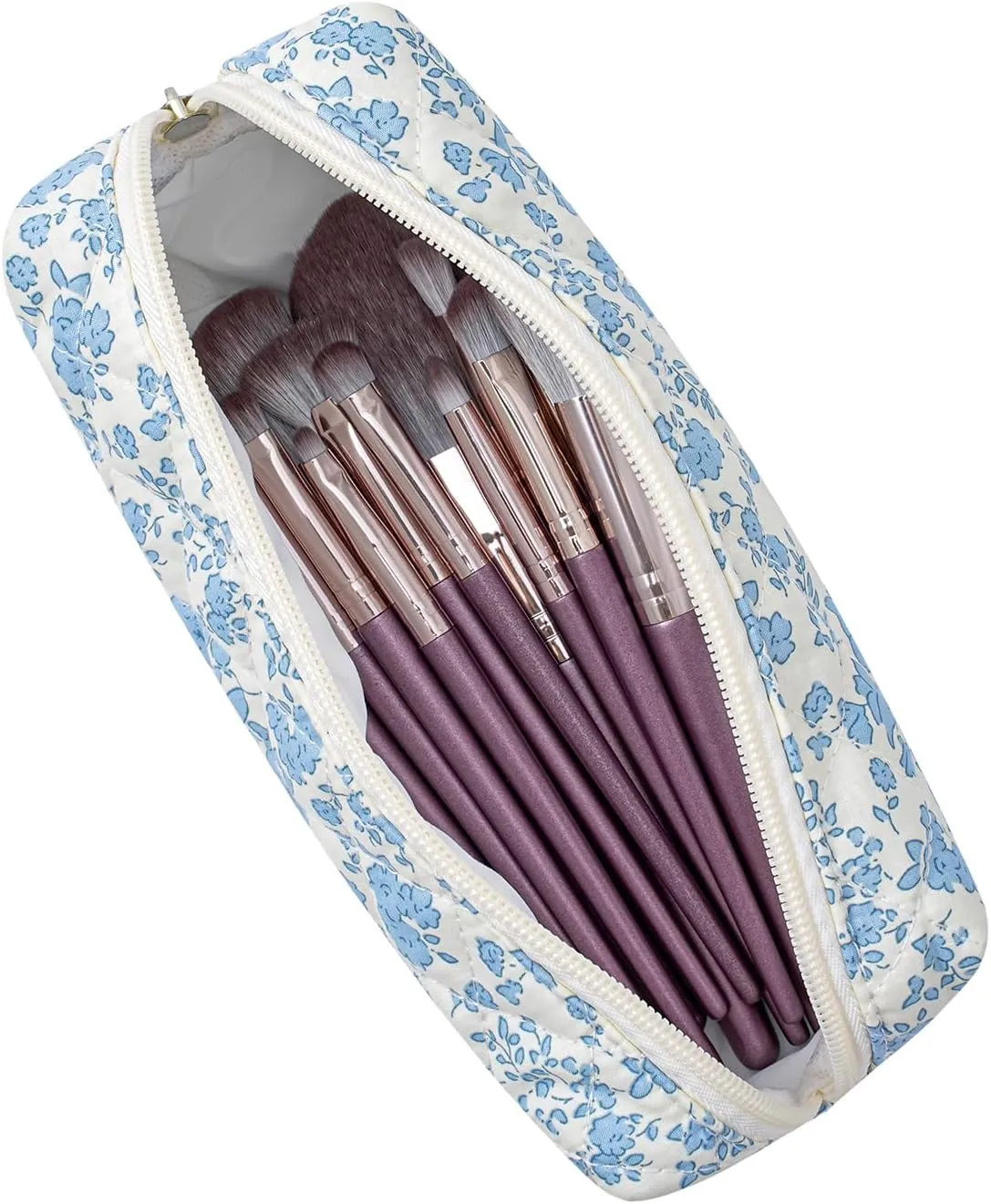 Cute Floral Cotton Makeup Brush Cosmetic Bag for Women, Travel Quilted Zipper Make Up Bag, Flowers Toiletry Organizer Case Kawaii Makeup Cosmetic Travel Cloth Pouch (Blue Floral)