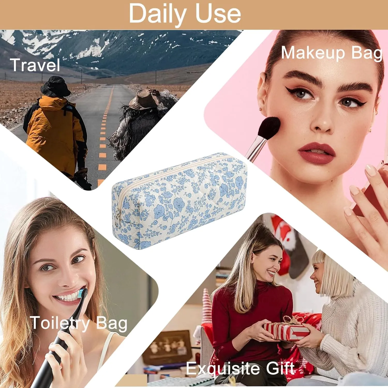 Cute Floral Cotton Makeup Brush Cosmetic Bag for Women, Travel Quilted Zipper Make Up Bag, Flowers Toiletry Organizer Case Kawaii Makeup Cosmetic Travel Cloth Pouch (Blue Floral)
