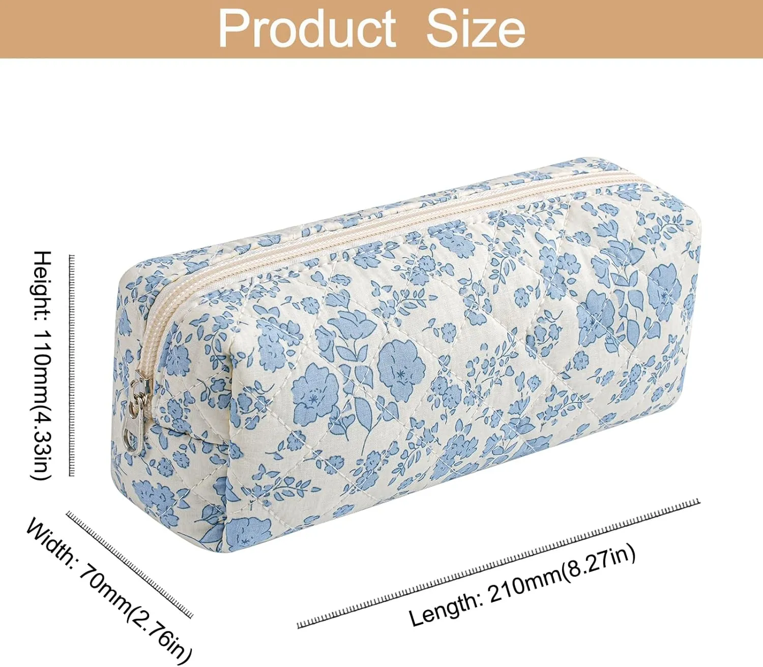 Cute Floral Cotton Makeup Brush Cosmetic Bag for Women, Travel Quilted Zipper Make Up Bag, Flowers Toiletry Organizer Case Kawaii Makeup Cosmetic Travel Cloth Pouch (Blue Floral)