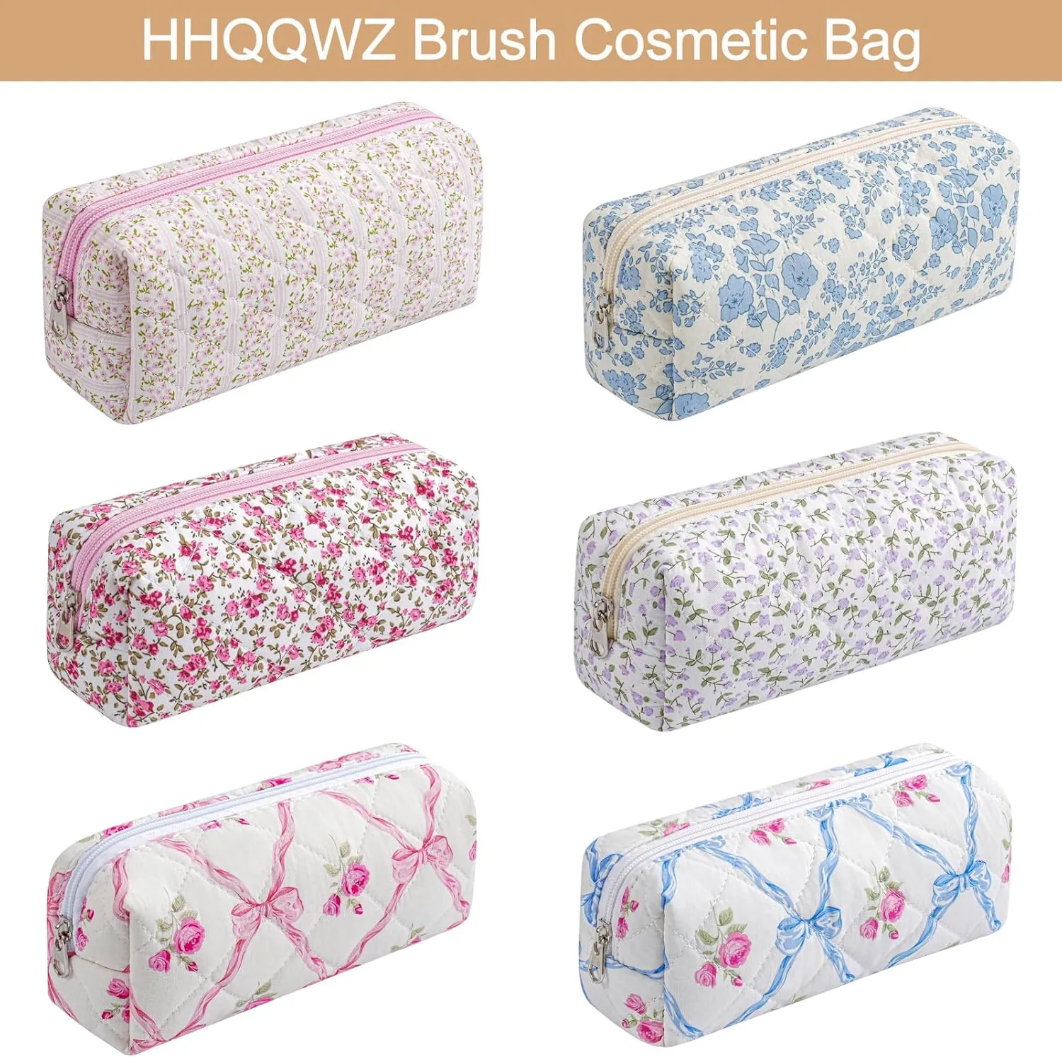 Cute Floral Cotton Makeup Brush Cosmetic Bag for Women, Travel Quilted Zipper Make Up Bag, Flowers Toiletry Organizer Case Kawaii Makeup Cosmetic Travel Cloth Pouch (Blue Floral)