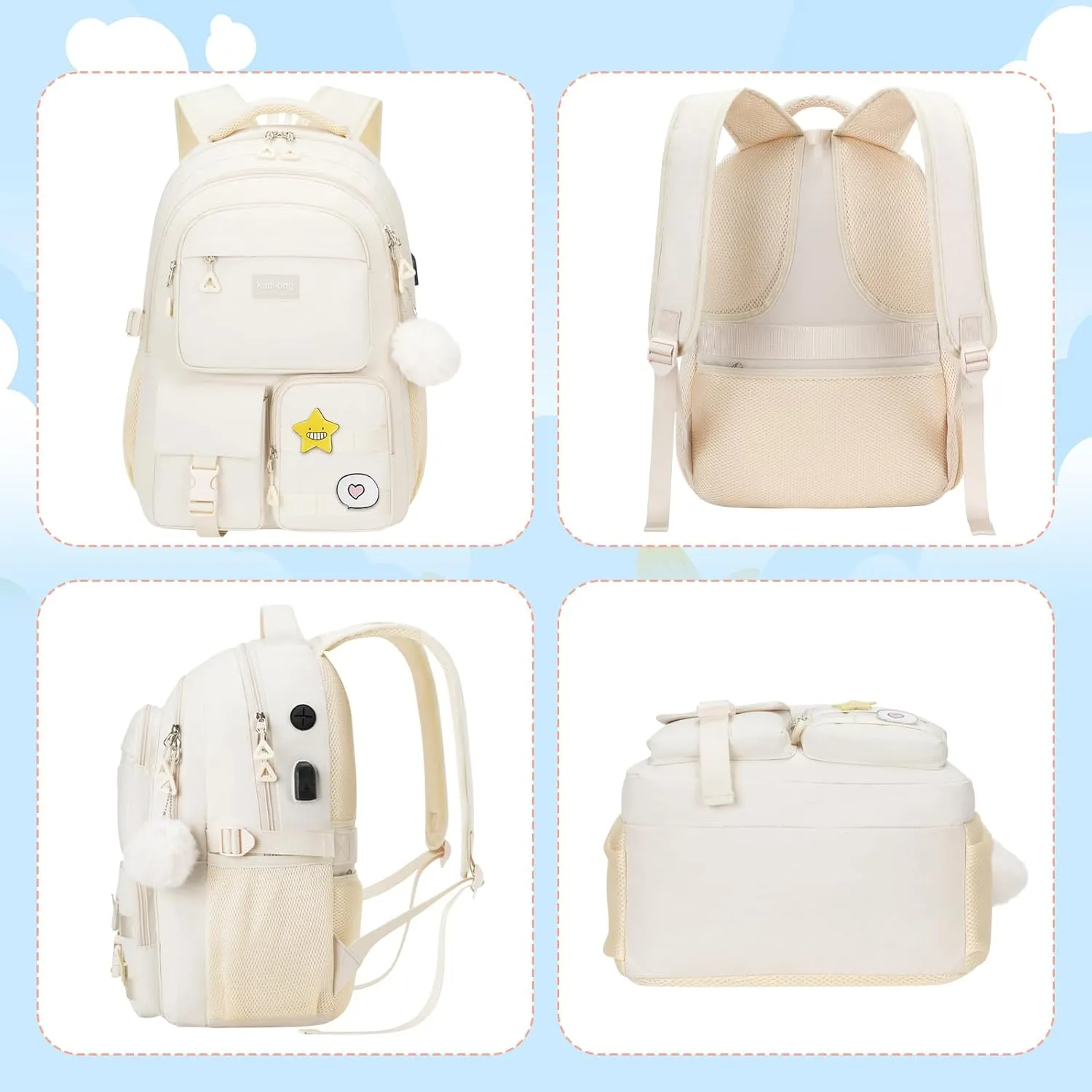Cute Middle High School Bags Bookbag for Teen Girls,Laptop Backpack for Women,Back Pack Knapsack for College Student(Beige)