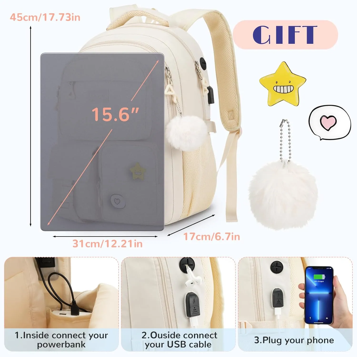 Cute Middle High School Bags Bookbag for Teen Girls,Laptop Backpack for Women,Back Pack Knapsack for College Student(Beige)