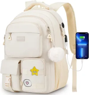Cute Middle High School Bags Bookbag for Teen Girls,Laptop Backpack for Women,Back Pack Knapsack for College Student(Beige)