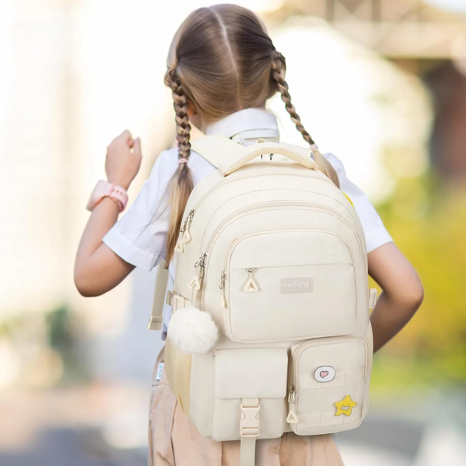 Cute Middle High School Bags Bookbag for Teen Girls,Laptop Backpack for Women,Back Pack Knapsack for College Student(Beige)