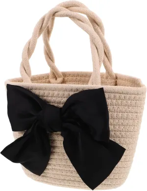 Cute Purse for Women Bowknot Design Large Straw Bucket Bag Woven Top Handle Purse