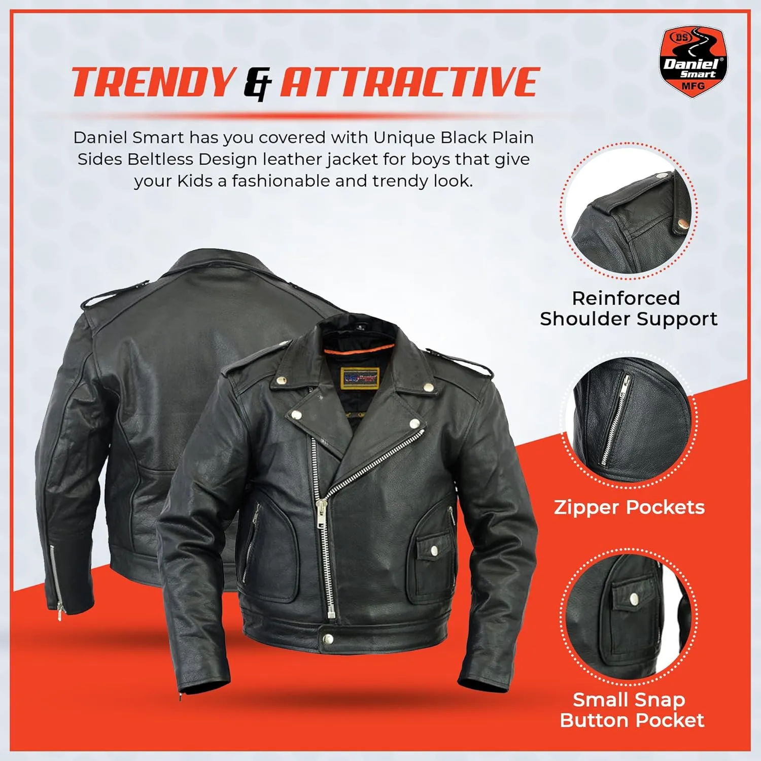 Daniel Smart Boys Leather Jacket Premium Kids Motorcycle Jacket with Unique Plain Sides Design and Multiple Pockets