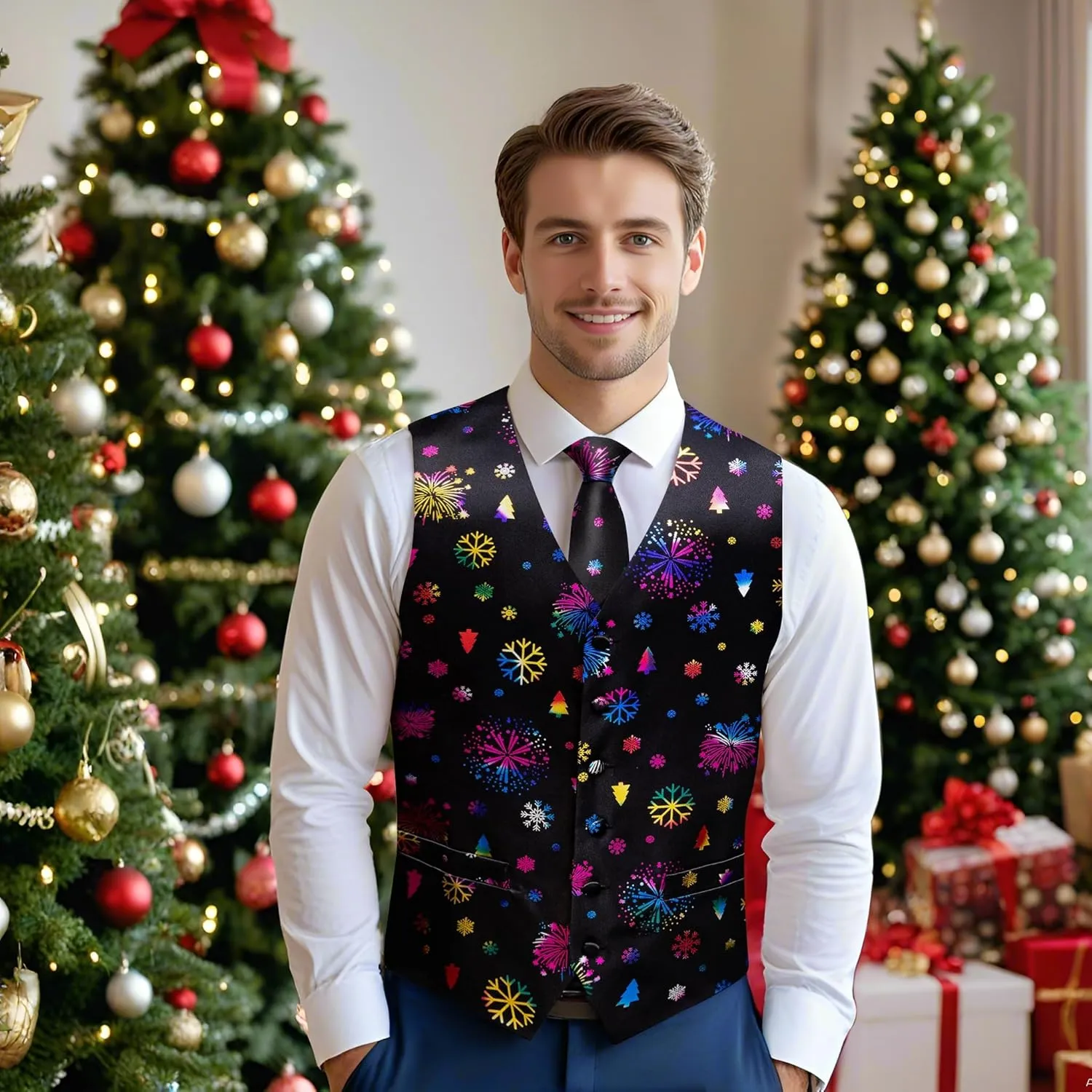 DiBanGu Mens Silk Christmas Vest and Tie Set Holiday Festive Suit Waistcoat for Party Vacation Xmas Tuxedo Dress Vest