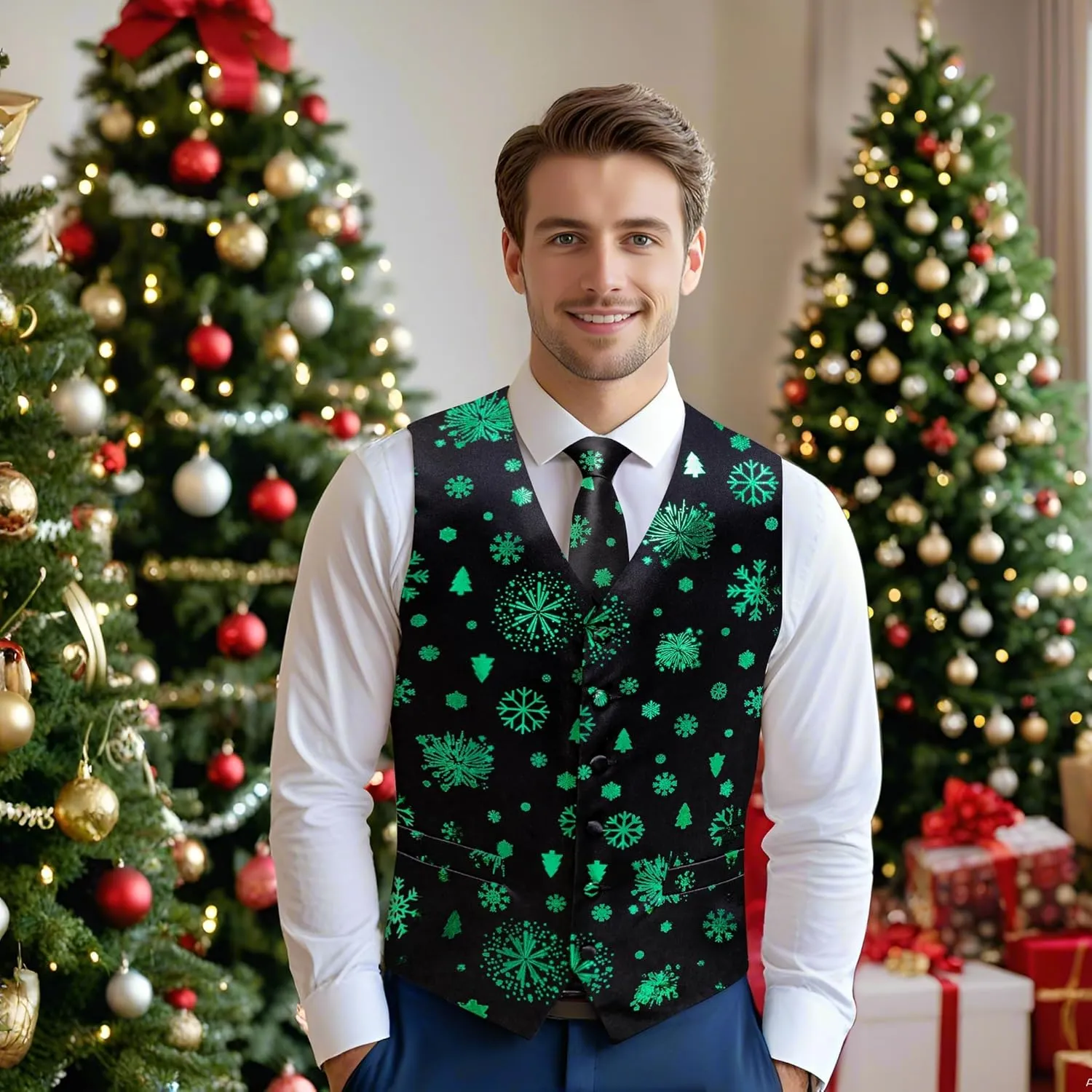DiBanGu Mens Silk Christmas Vest and Tie Set Holiday Festive Suit Waistcoat for Party Vacation Xmas Tuxedo Dress Vest