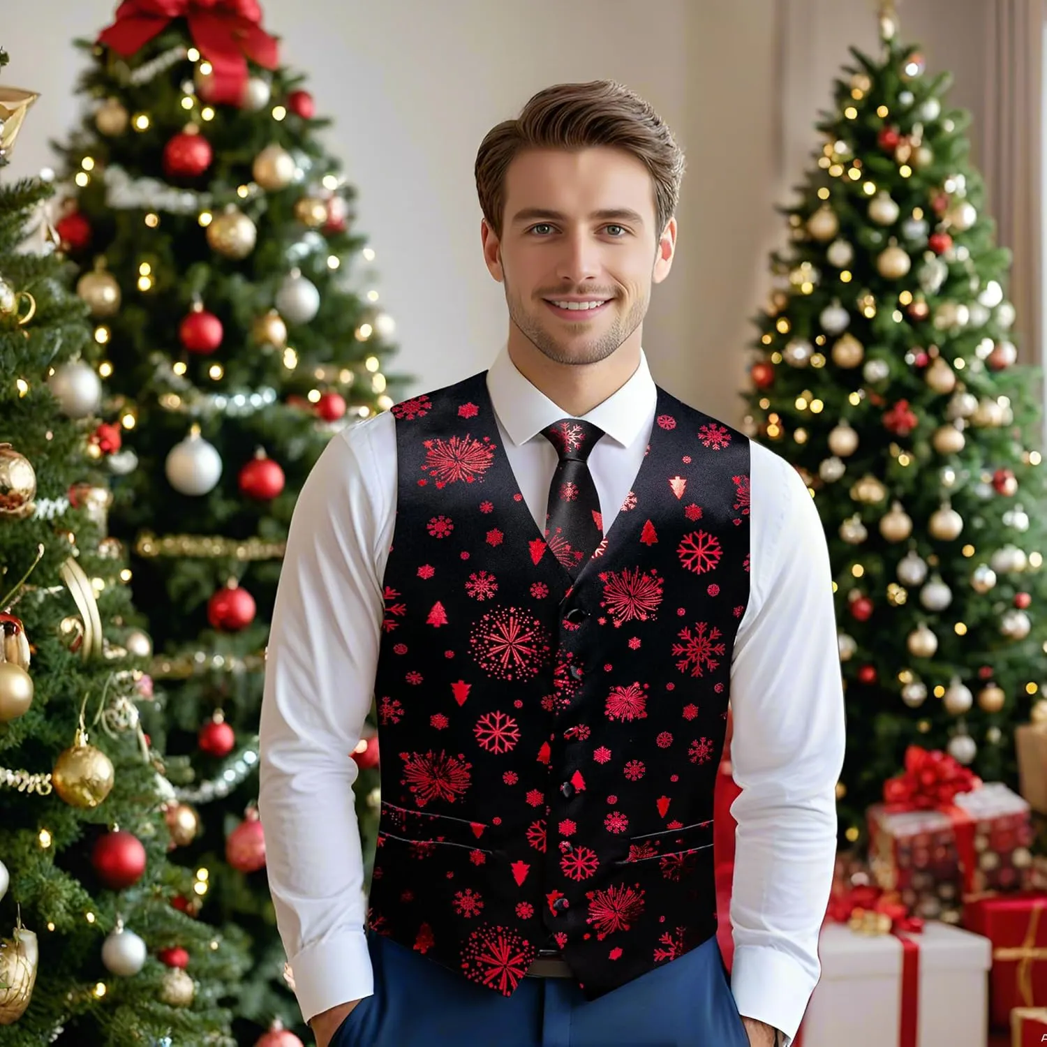 DiBanGu Mens Silk Christmas Vest and Tie Set Holiday Festive Suit Waistcoat for Party Vacation Xmas Tuxedo Dress Vest