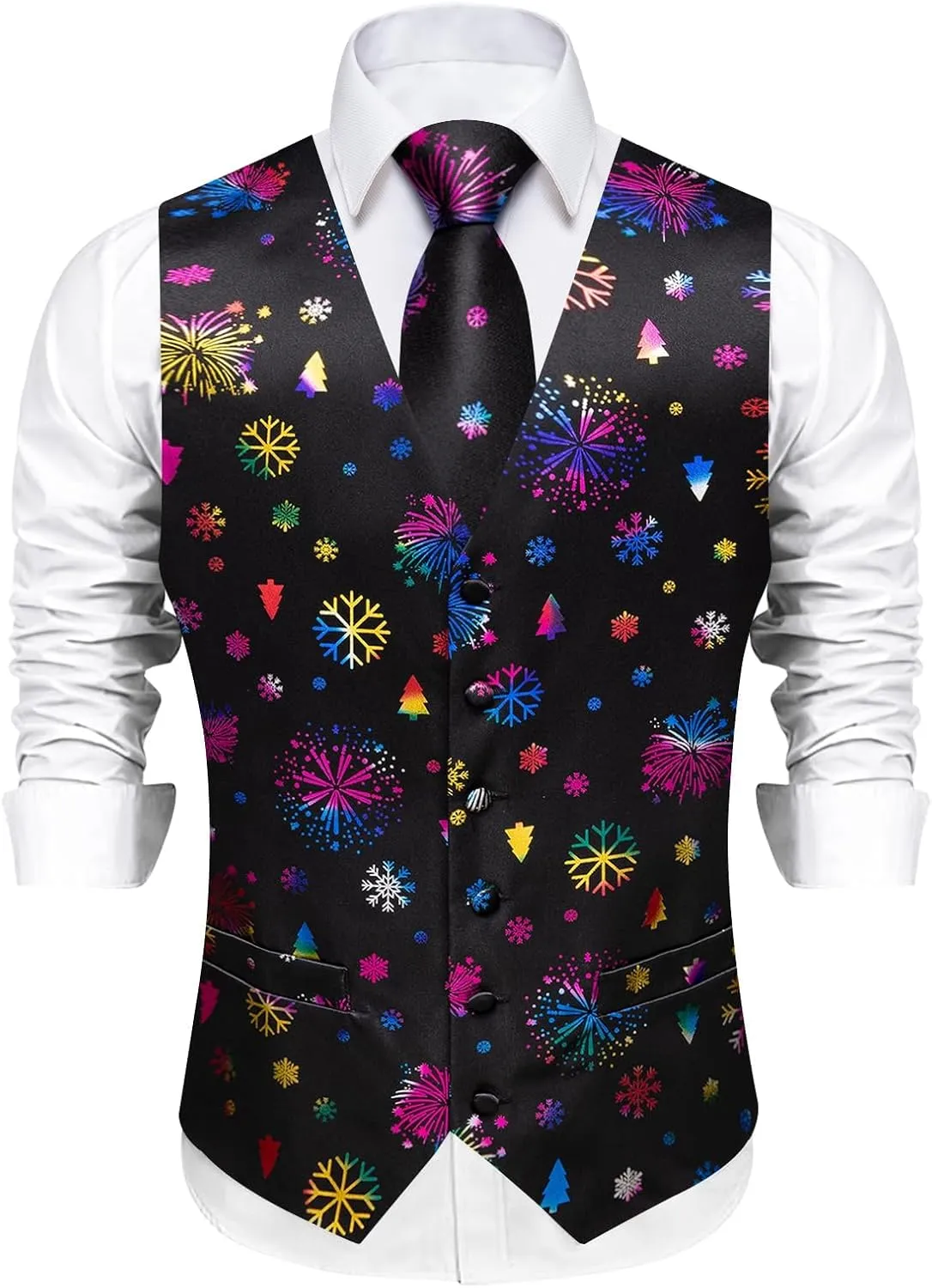 DiBanGu Mens Silk Christmas Vest and Tie Set Holiday Festive Suit Waistcoat for Party Vacation Xmas Tuxedo Dress Vest