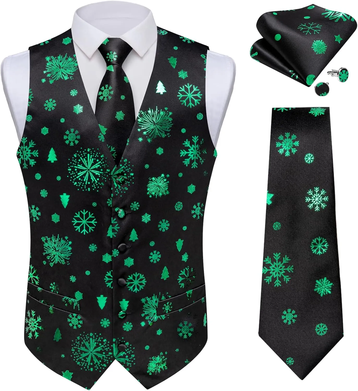 DiBanGu Mens Silk Christmas Vest and Tie Set Holiday Festive Suit Waistcoat for Party Vacation Xmas Tuxedo Dress Vest