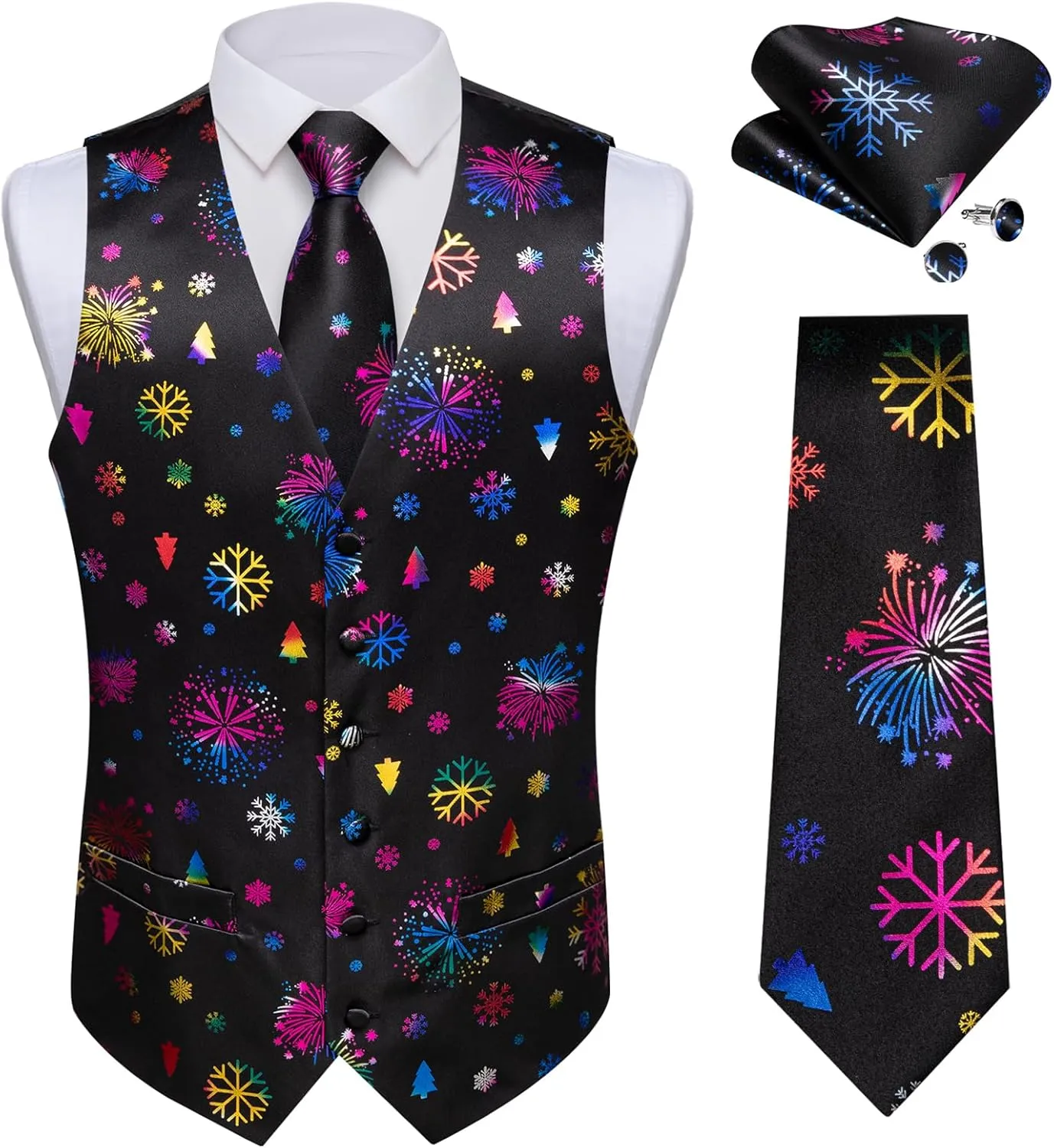 DiBanGu Mens Silk Christmas Vest and Tie Set Holiday Festive Suit Waistcoat for Party Vacation Xmas Tuxedo Dress Vest