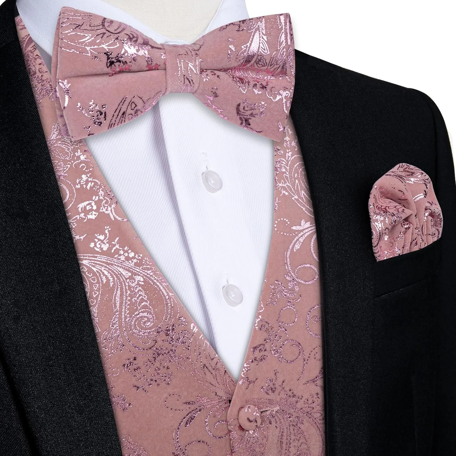 DiBanGu Mens Velvet Dress Waistcoat 6PCS Metallic Paisley Printed Suit Vest and Bowtie Set with Lapel Pin for Suit or Tuxedo