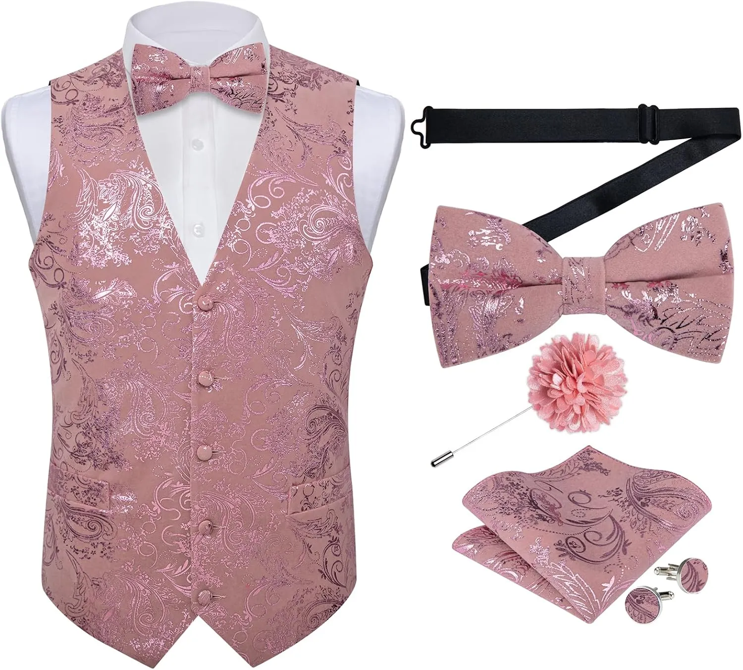 DiBanGu Mens Velvet Dress Waistcoat 6PCS Metallic Paisley Printed Suit Vest and Bowtie Set with Lapel Pin for Suit or Tuxedo