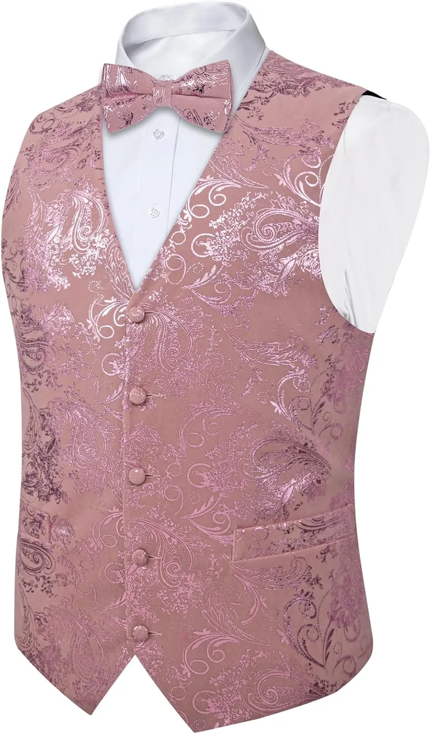 DiBanGu Mens Velvet Dress Waistcoat 6PCS Metallic Paisley Printed Suit Vest and Bowtie Set with Lapel Pin for Suit or Tuxedo