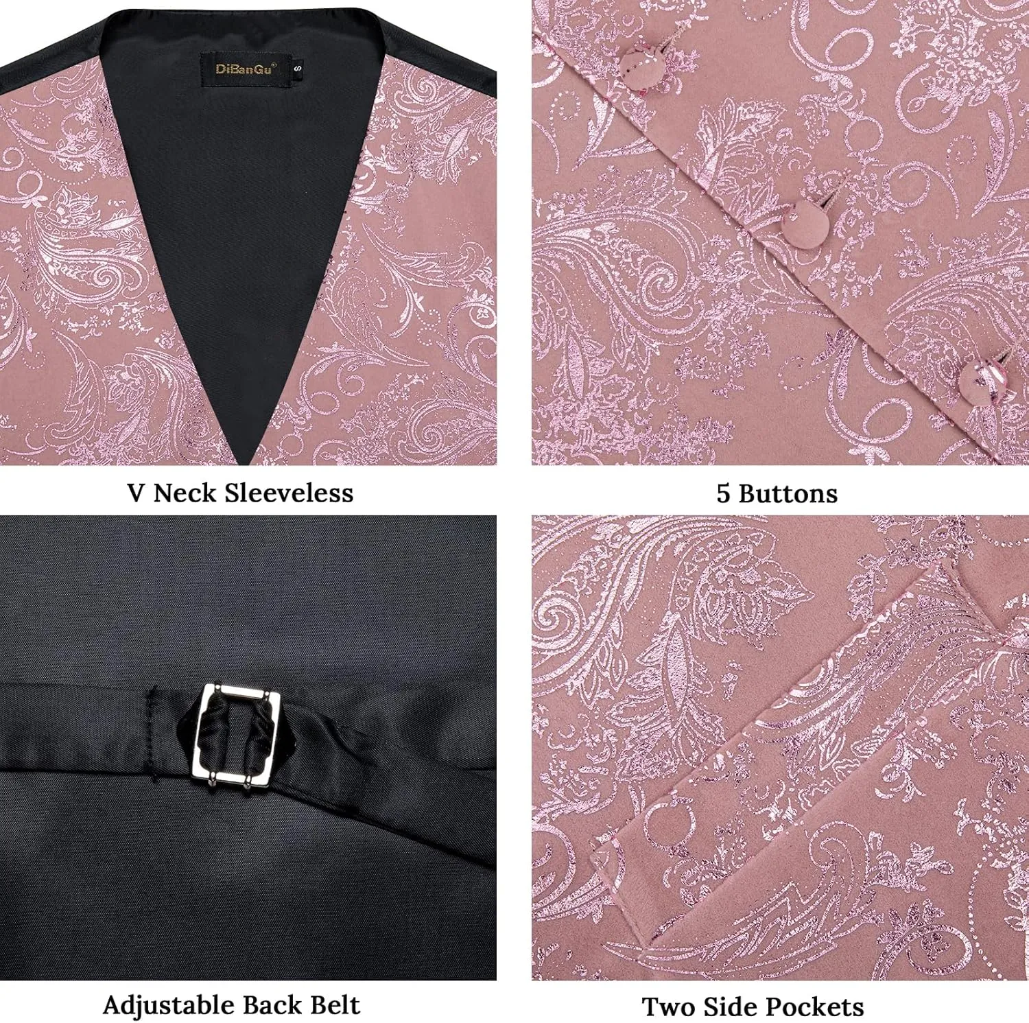 DiBanGu Mens Velvet Dress Waistcoat 6PCS Metallic Paisley Printed Suit Vest and Bowtie Set with Lapel Pin for Suit or Tuxedo