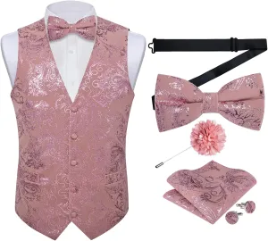 DiBanGu Mens Velvet Dress Waistcoat 6PCS Metallic Paisley Printed Suit Vest and Bowtie Set with Lapel Pin for Suit or Tuxedo