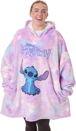 Disney Lilo & Stitch Womens Wearable Blanket | Ladies Watercolour Purple & Blue Embroidered Character Fleece Hoodie |