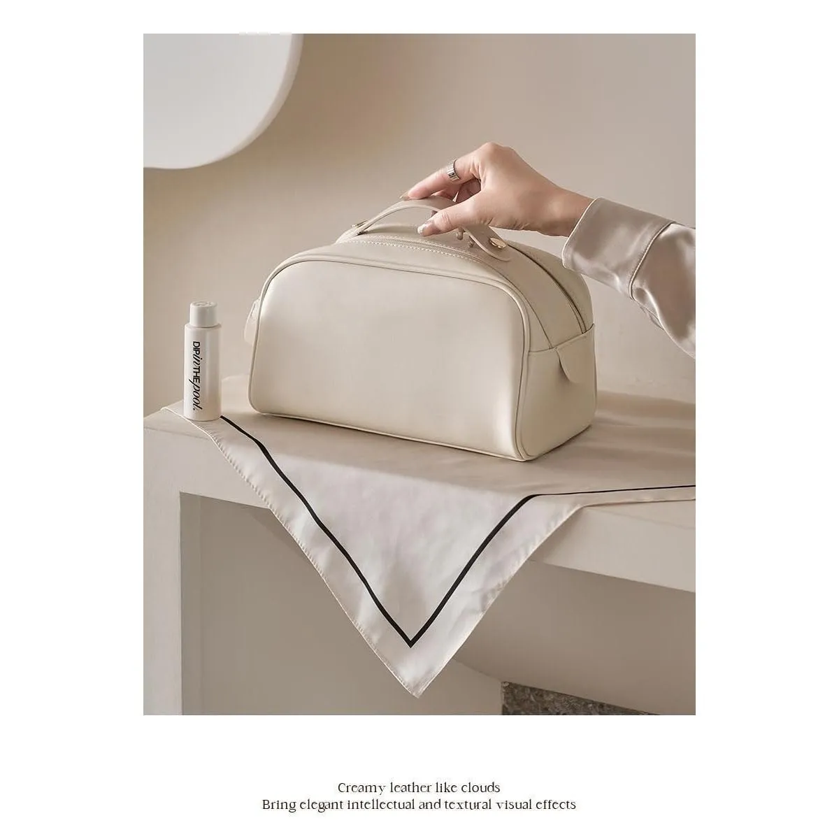 Double Zipper Toast Makeup Bag for Women, Large Capacity Cosmetic Bag, Portable Makeup Bag, High-End Skincare Product Storage Bag, Double Compartments Inside (Cream)