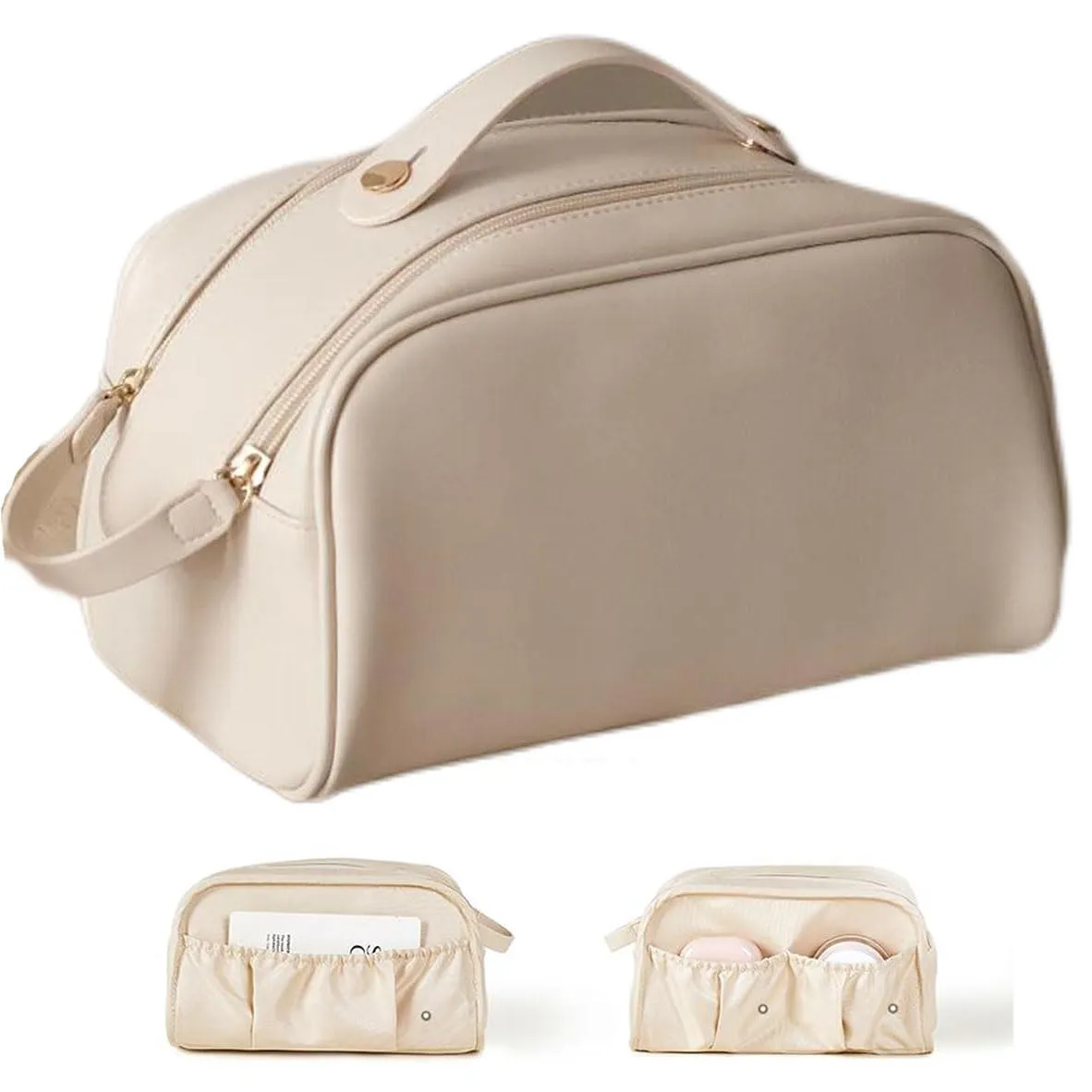 Double Zipper Toast Makeup Bag for Women, Large Capacity Cosmetic Bag, Portable Makeup Bag, High-End Skincare Product Storage Bag, Double Compartments Inside (Cream)