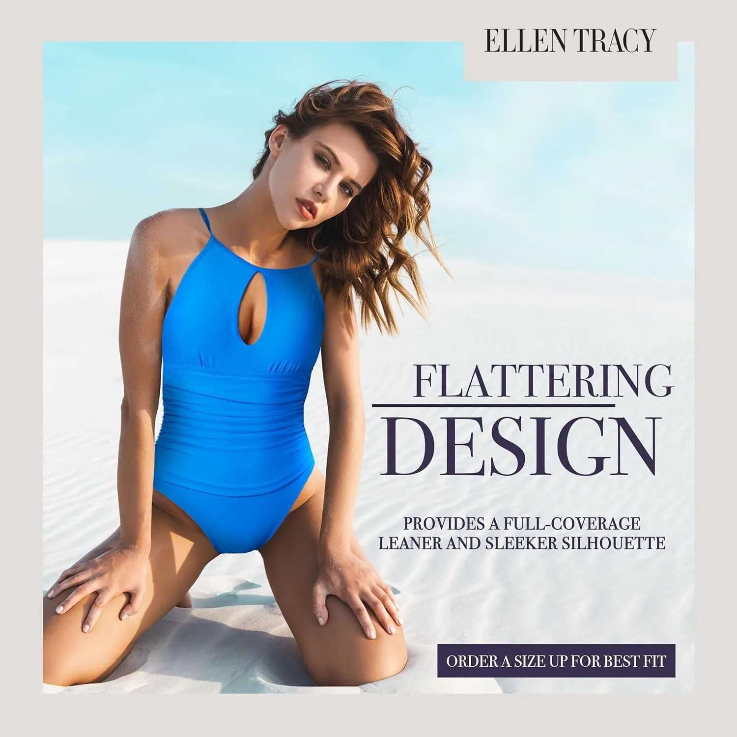 ELLEN TRACY One Piece Swimsuit, High Neck Swimsuit with Keyhole Cutout and Pull On Closure, Over-The-Shoulder Straps