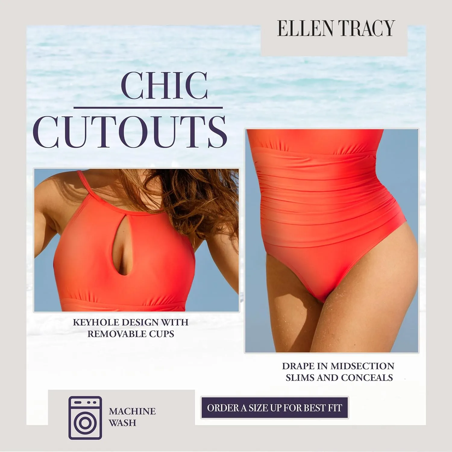 ELLEN TRACY One Piece Swimsuit, High Neck Swimsuit with Keyhole Cutout and Pull On Closure, Over-The-Shoulder Straps