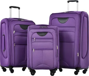 Expandable 3 Piece Softside Luggage Set with Spinner Wheels and TSA Lock, Purple
