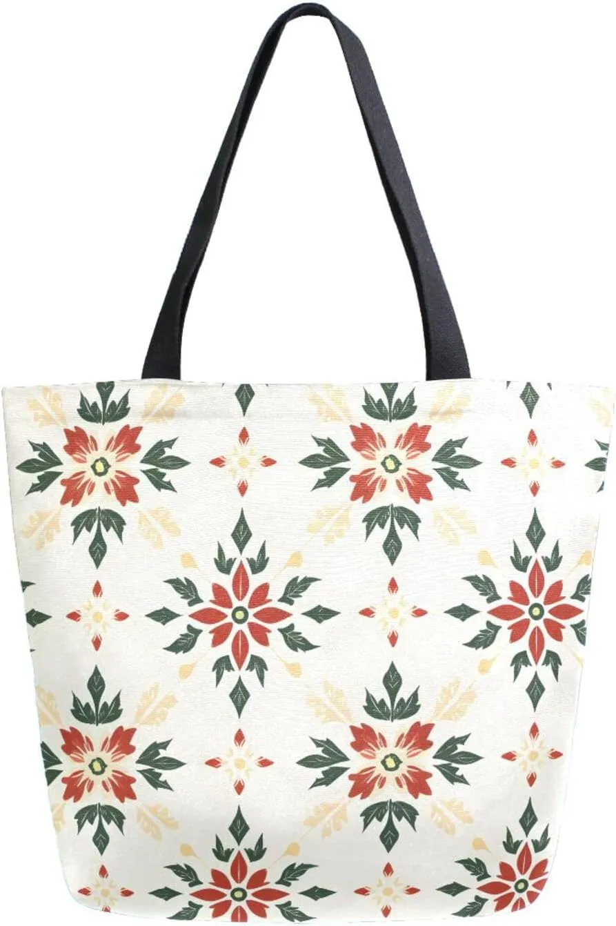 Extra Large Shoulder Tote Bag for Beach Travel Weekender Gym Festive Flowers Pattern Reusable Grocery Canvas Shopping Bag