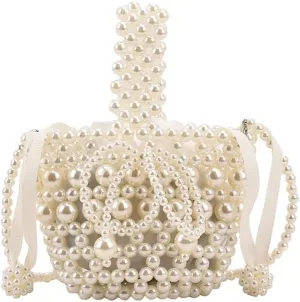 Fashionable Shoulder Purse Artificial Pearl Bowknot Crossbody Bag Unique Beaded Handbag Bucket Bags for Women Girls