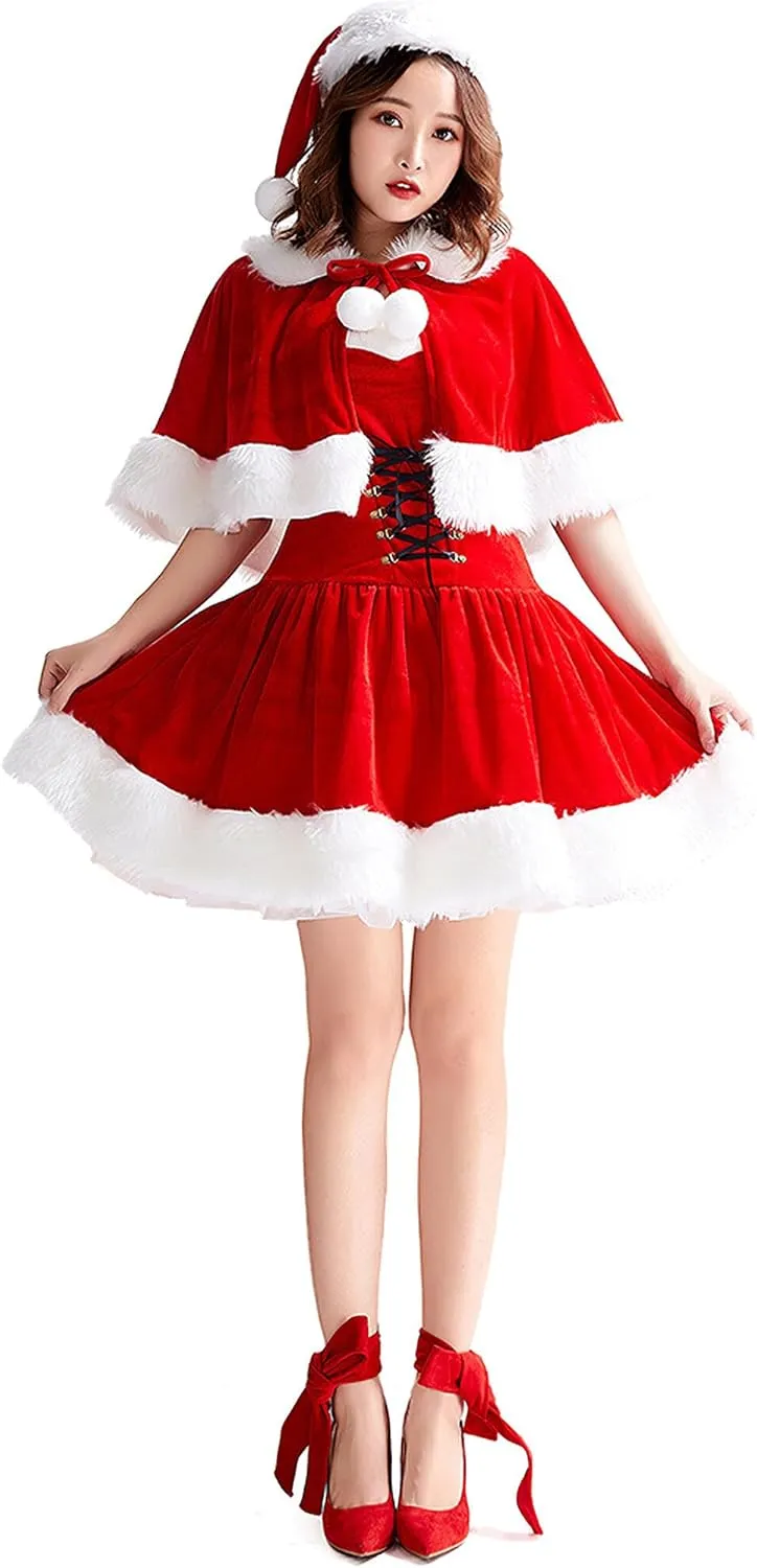 FEOYA Women's Santa Christmas Dress Costumes for Festive Celebrations with Cloak Hat