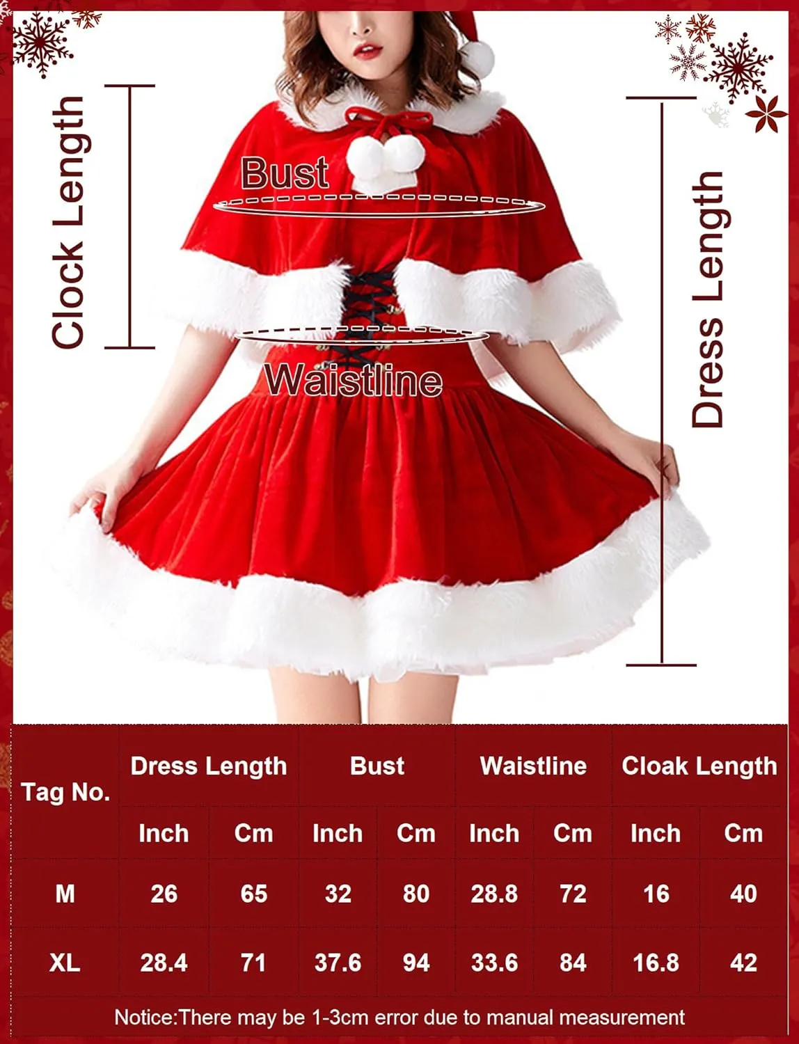 FEOYA Women's Santa Christmas Dress Costumes for Festive Celebrations with Cloak Hat