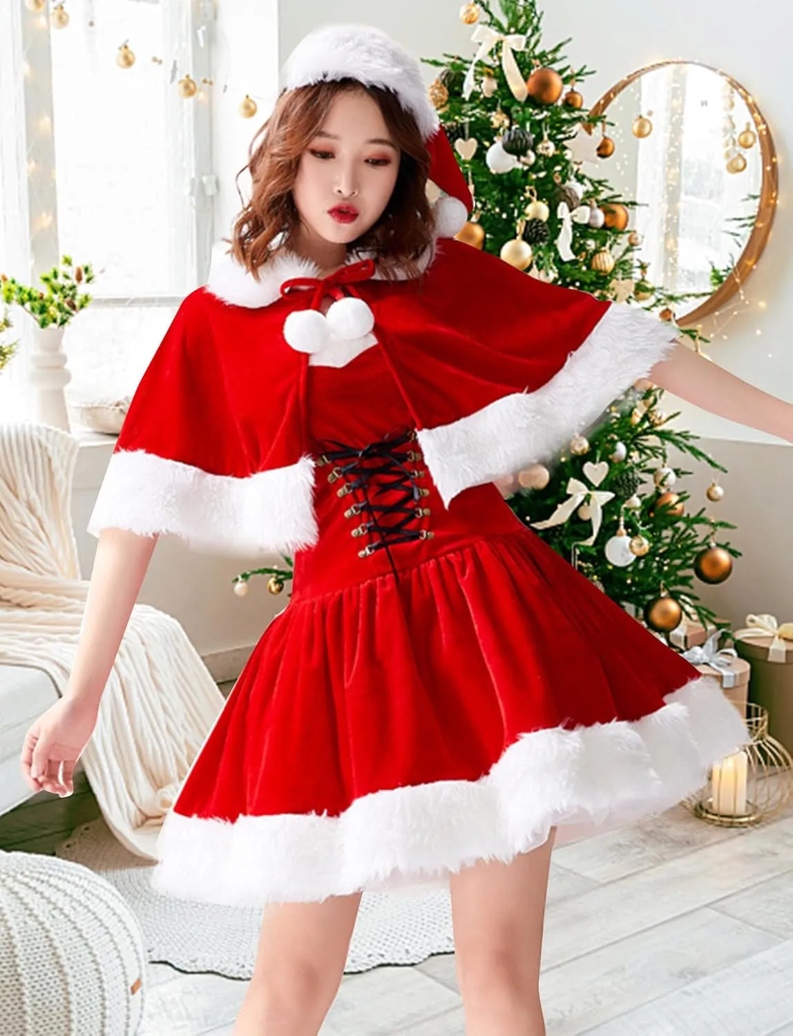 FEOYA Women's Santa Christmas Dress Costumes for Festive Celebrations with Cloak Hat