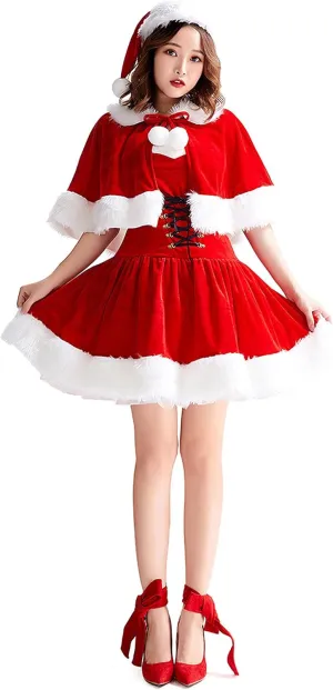 FEOYA Women's Santa Christmas Dress Costumes for Festive Celebrations with Cloak Hat