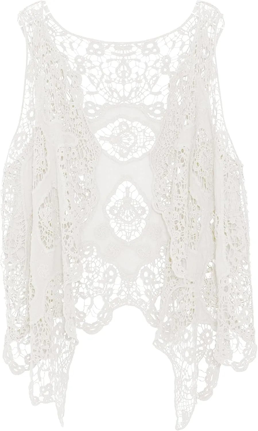 Flygo Women's Open Front Cotton Crochet Lace Boho Hippie Butterfly Vest Cardigan Coverup Sleeveless Irregular Hem