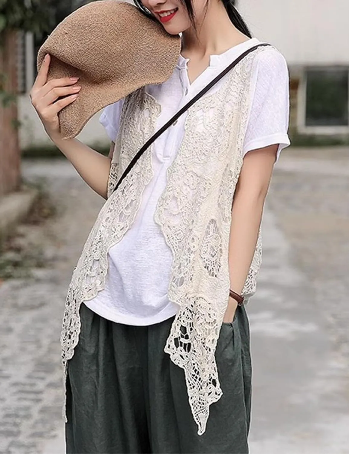 Flygo Women's Open Front Cotton Crochet Lace Boho Hippie Butterfly Vest Cardigan Coverup Sleeveless Irregular Hem