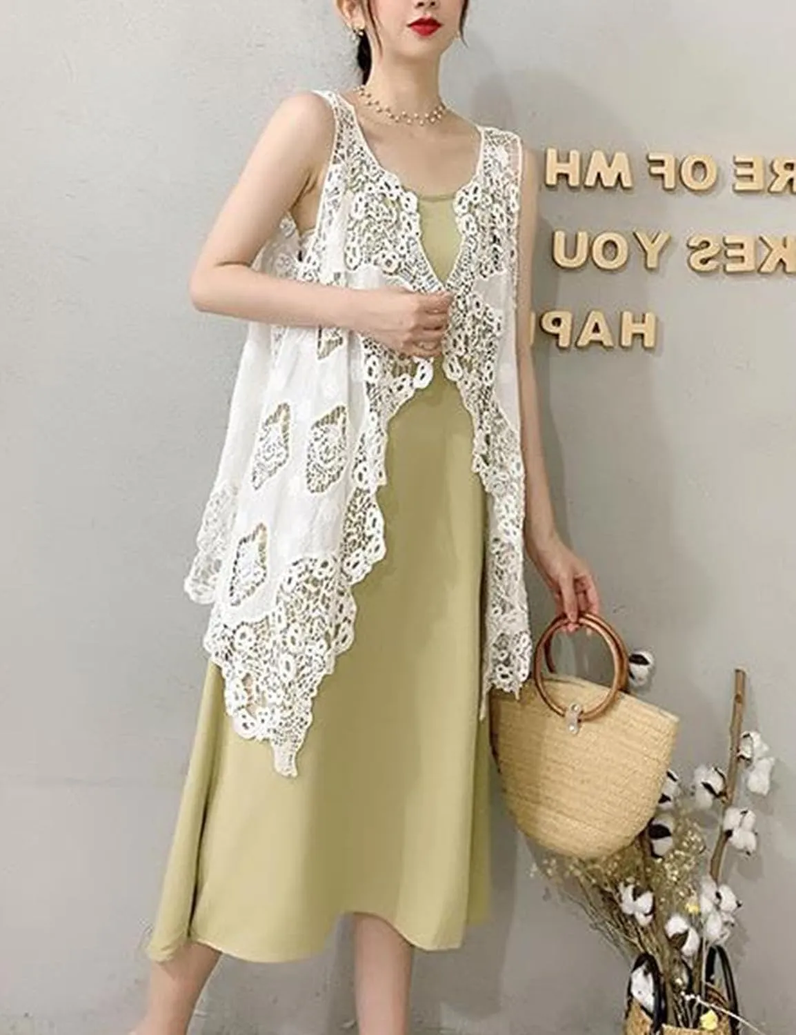 Flygo Women's Open Front Cotton Crochet Lace Boho Hippie Butterfly Vest Cardigan Coverup Sleeveless Irregular Hem