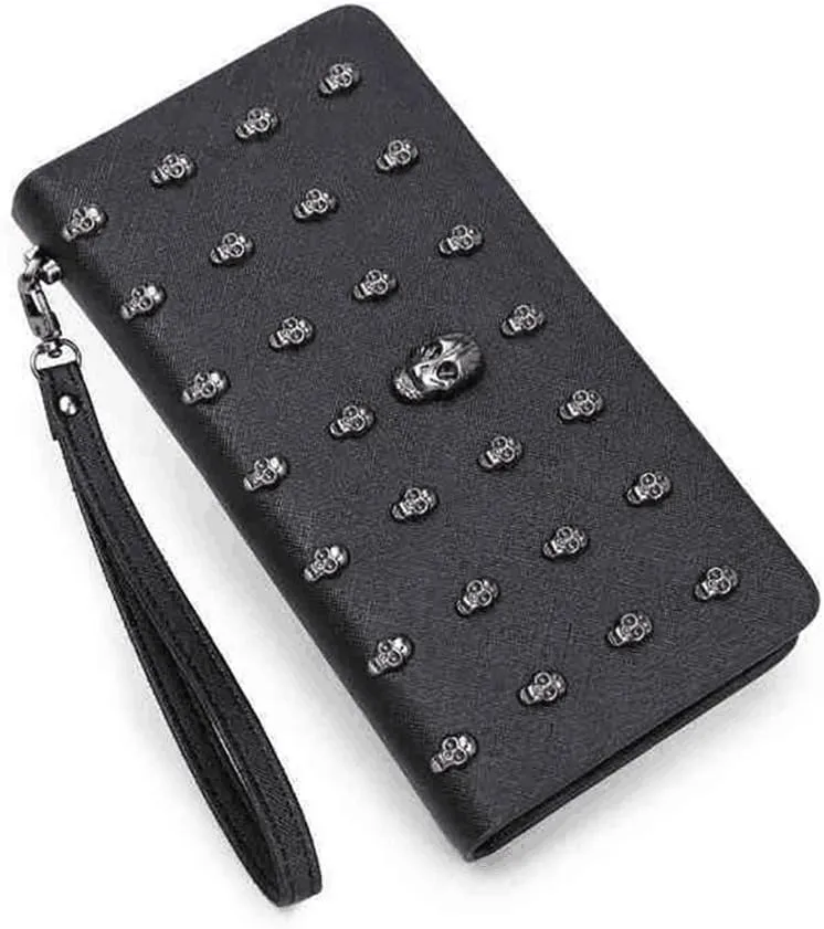 FOME Wallet Women Punk Style PU Long High-end Cross Pattern Wallet Purse Zipper Bag Handbag Skull Plated