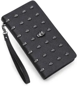 FOME Wallet Women Punk Style PU Long High-end Cross Pattern Wallet Purse Zipper Bag Handbag Skull Plated