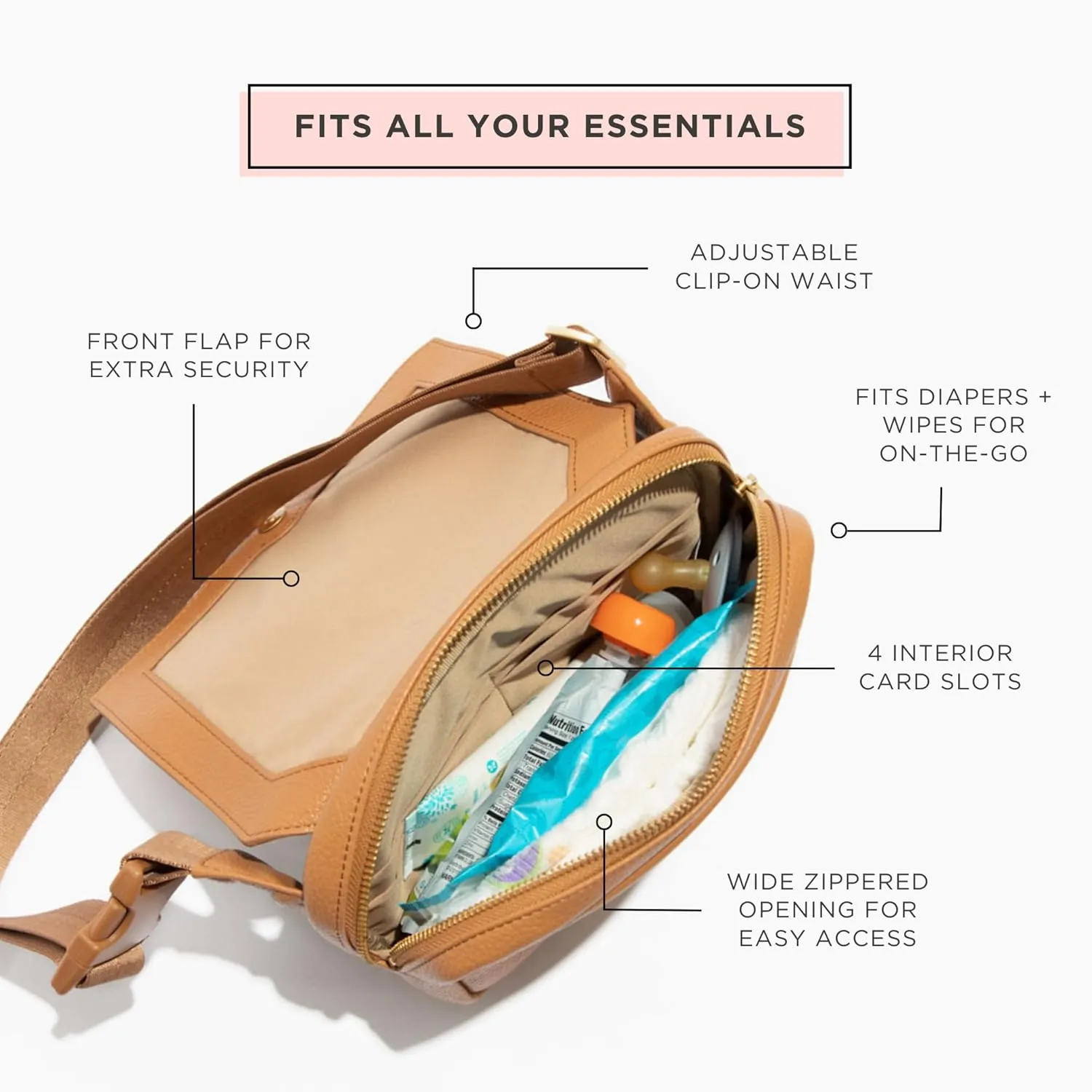 Freshly Picked Classic Park Pack Belt Bag, Fanny Packs for Women, Wear as a Waist Bag or Crossbody (Cognac)