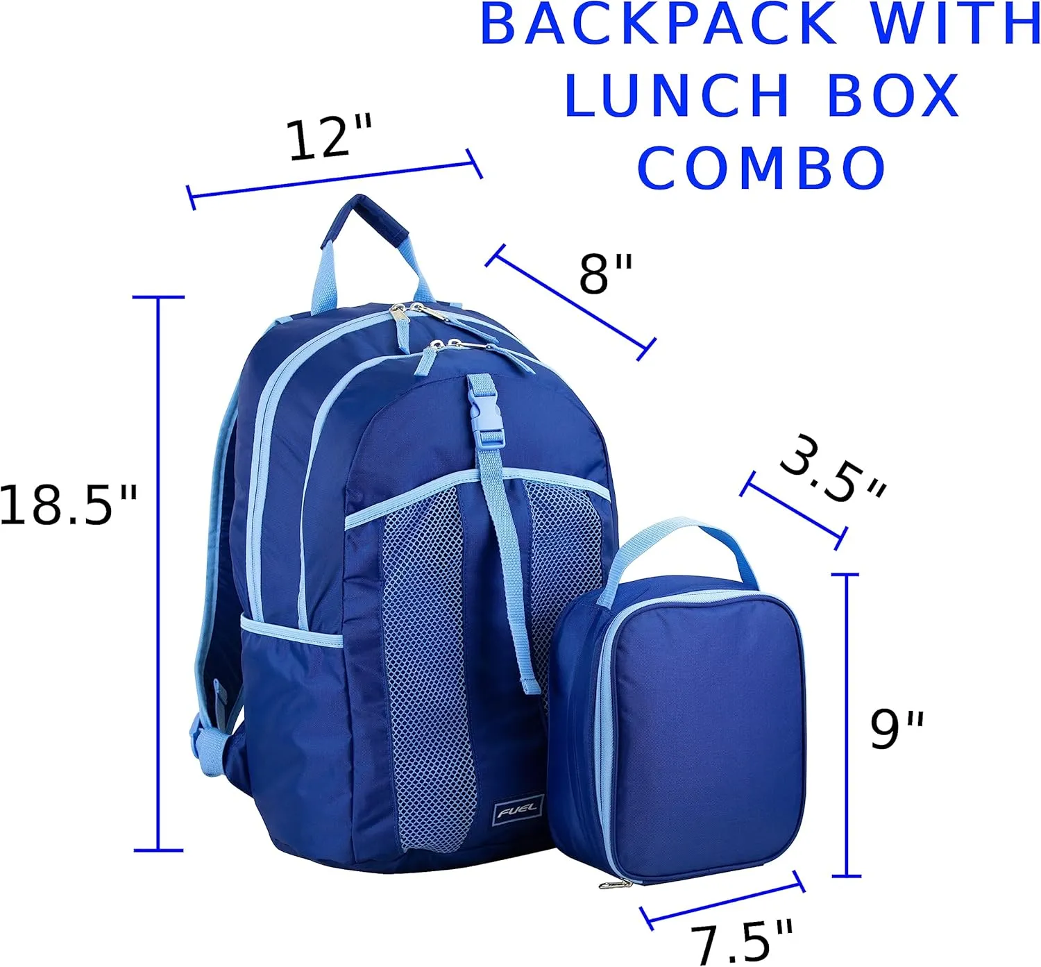 FUEL Lunch Backpack Set Student Water Resistant Bookbag Bag Soft Reusable Insulated Cooler Lunch Box Thermal Travel Office Lunch Bag, Lazuli Blue