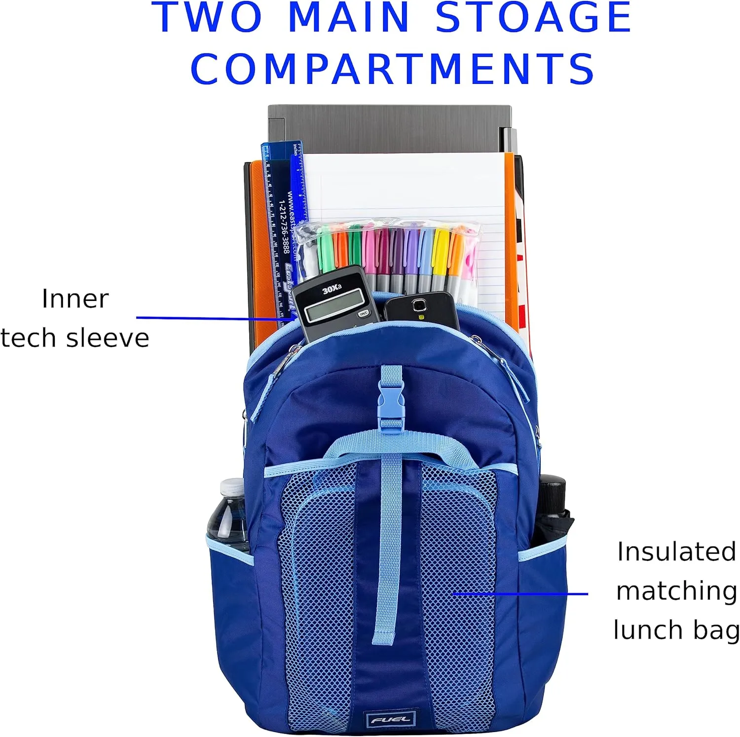 FUEL Lunch Backpack Set Student Water Resistant Bookbag Bag Soft Reusable Insulated Cooler Lunch Box Thermal Travel Office Lunch Bag, Lazuli Blue