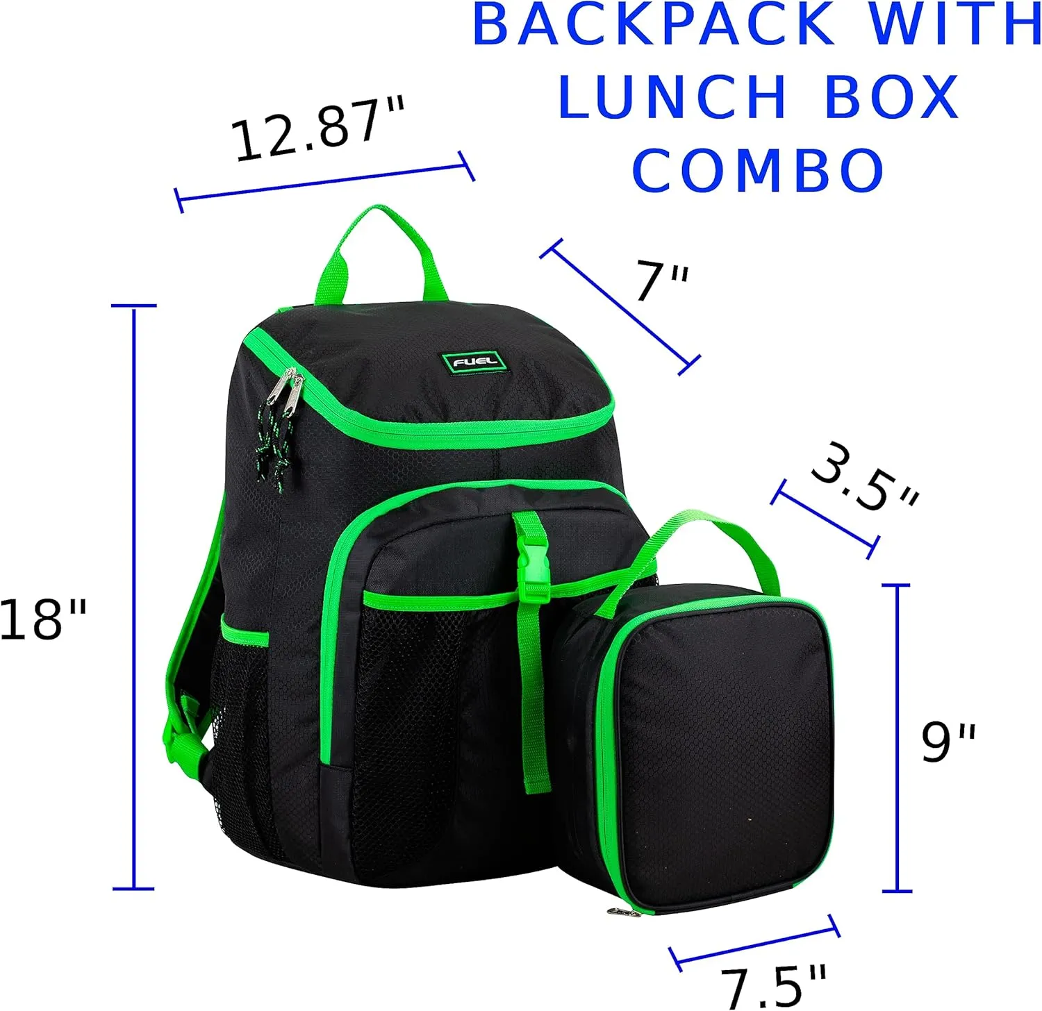 FUEL Top Loader Teens Student Water Resistant Backpack Set Lunch Bookbag Bag Soft Reusable Insulated Cooler Lunch Box Thermal Travel Office Lunch Bag, Black