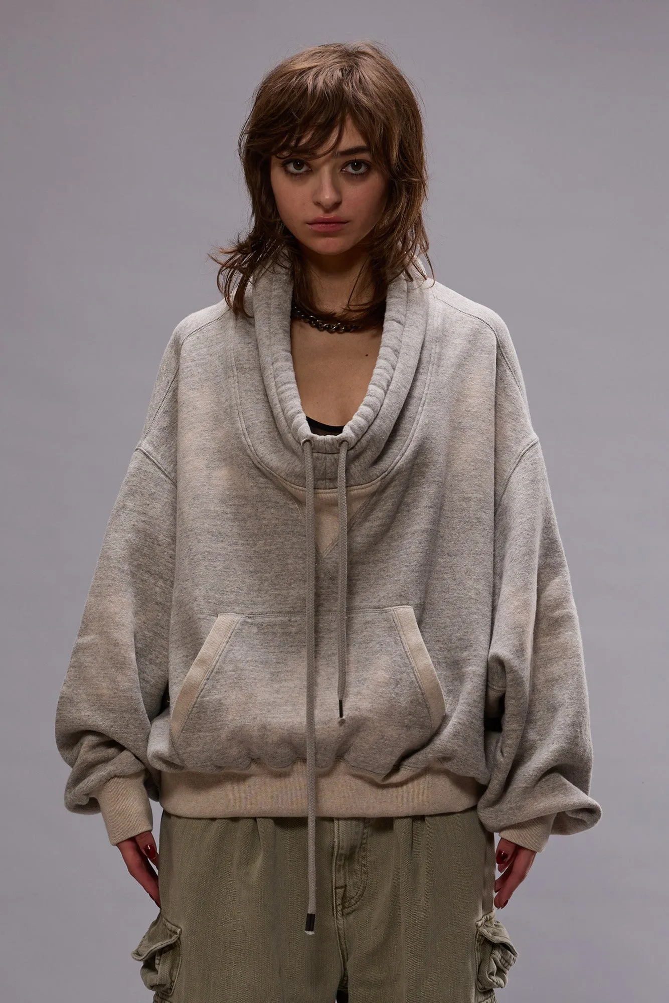FUNNEL NECK CROPPED POPOVER - HEATHER GREY