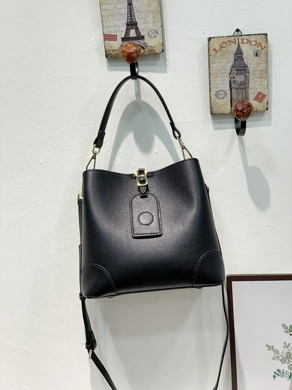 Genuine Leather Bucket Bags Women's Unique Shoulder Bags Hobo Handbags Multipurpose Design