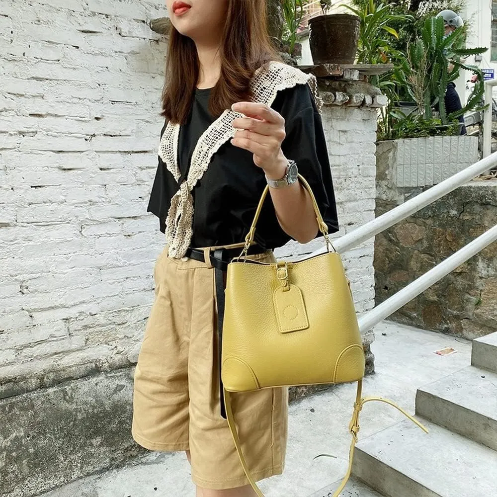Genuine Leather Bucket Bags Women's Unique Shoulder Bags Hobo Handbags Multipurpose Design