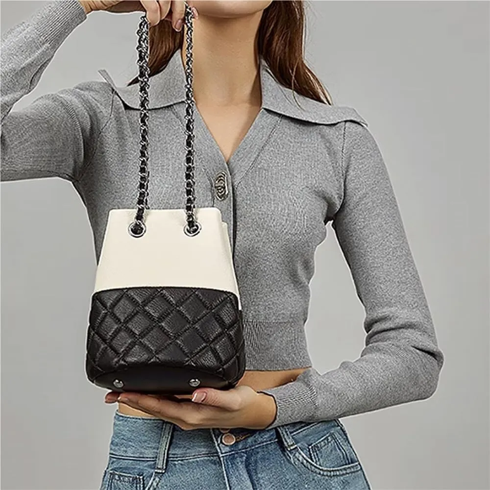 Genuine Leather Hand Bag Chain Bucket Bag High-end Fashion Shoulder Crossbody Bag For Women(Black)