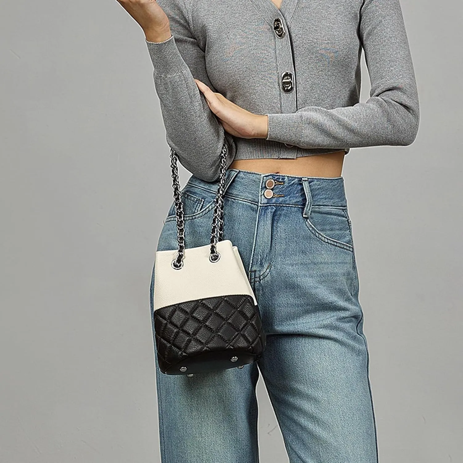 Genuine Leather Hand Bag Chain Bucket Bag High-end Fashion Shoulder Crossbody Bag For Women(Black)