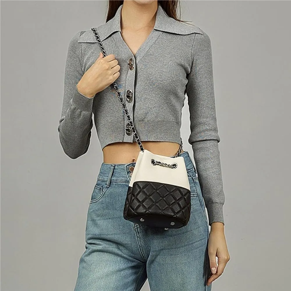 Genuine Leather Hand Bag Chain Bucket Bag High-end Fashion Shoulder Crossbody Bag For Women(Black)