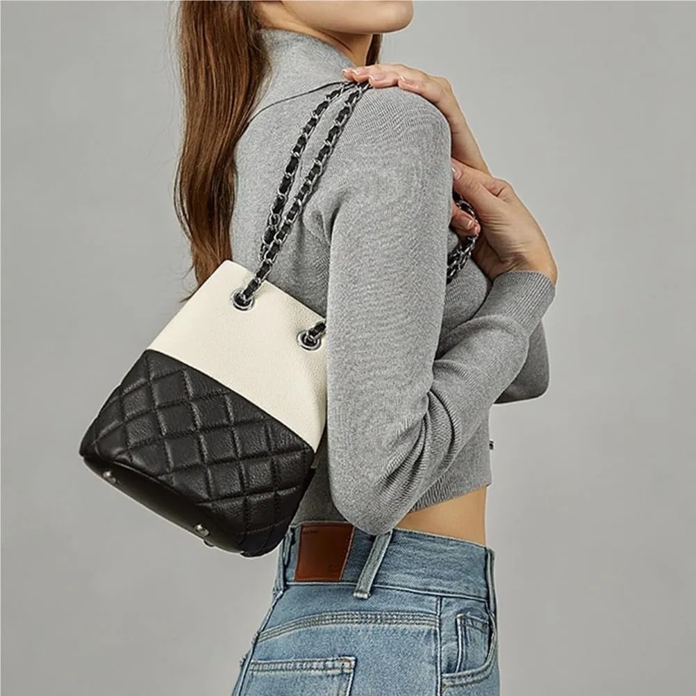 Genuine Leather Hand Bag Chain Bucket Bag High-end Fashion Shoulder Crossbody Bag For Women(Black)